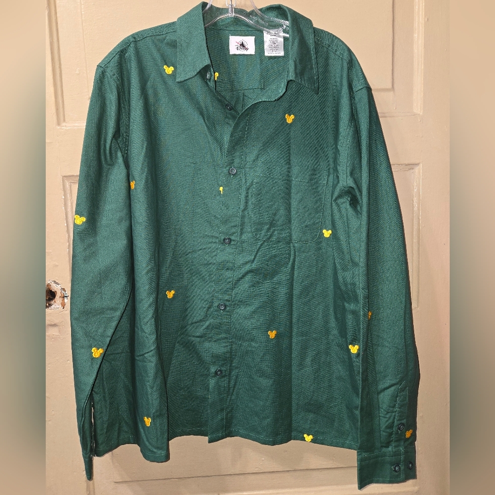 Disney Green Yellow Mickey Mouse Head Embroidered Button Down Collared Shirt